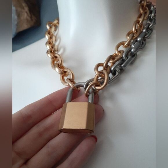 Zara Gold and Silver Chain Necklace with Padlock - Picture 12 of 12